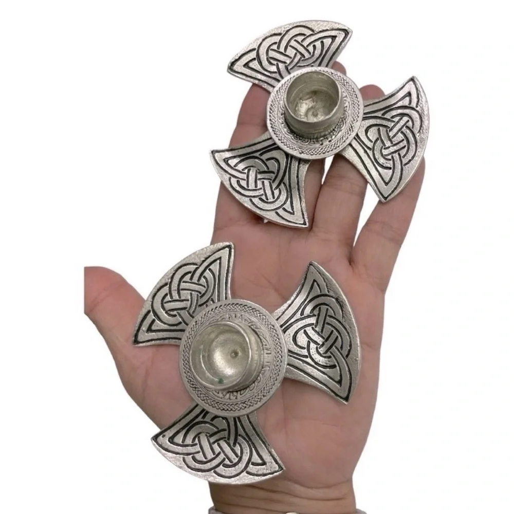 Vintage Piper Pewter Celtic Axe Head Candle Holders Knox Trinity Knot Set of 2